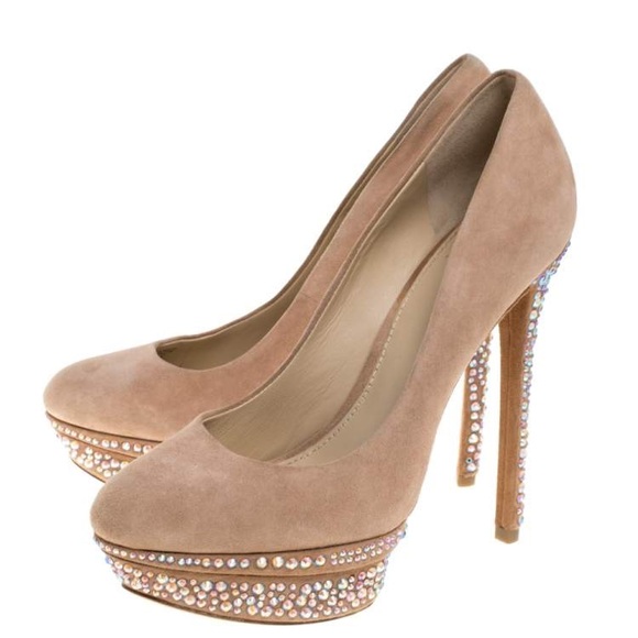 Brian Atwood Beige Suede Francoise Crystal Embellished Platform Pumps - Picture 2 of 7